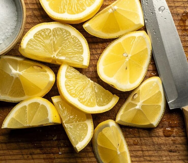 Overhead close-up of freshly cut lemon wedges scattered on a wooden cutting board, vibrant yellow citrus slices with visible pulp and texture, a sharp kitchen knife placed to the side, small bowl of coarse salt in the corner