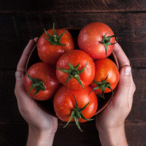 woman hands holding bowl of tomatoes