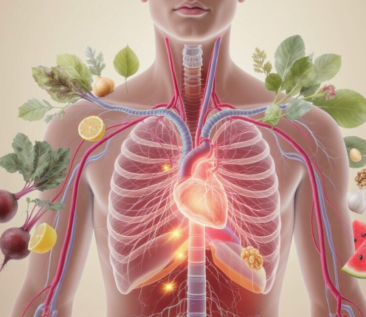 Highly detailed, semi-realistic editorial illustration of a human upper body (front view, female or androgynous), soft natural skin tones, subtle semi-transparent overlay revealing circulatory system with glowing red and blue blood vessels flowing through the chest, arms, and neck, gentle emphasis on heart and arteries, surrounded by fresh plant foods including beets, leafy greens, citrus fruits, pomegranate, garlic, watermelon, and walnuts arranged organically around the body