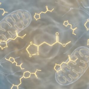 Highly detailed scientific illustration of alpha-lipoic acid molecules, shown as glowing yellow sulfur-containing molecular structures (C8H14O2S2), floating in a clean biological environment. Subtle human mitochondria and nerve cells in the background to suggest cellular energy and antioxidant support.