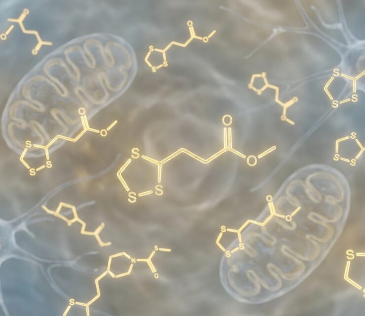 Highly detailed scientific illustration of alpha-lipoic acid molecules, shown as glowing yellow sulfur-containing molecular structures (C8H14O2S2), floating in a clean biological environment. Subtle human mitochondria and nerve cells in the background to suggest cellular energy and antioxidant support.
