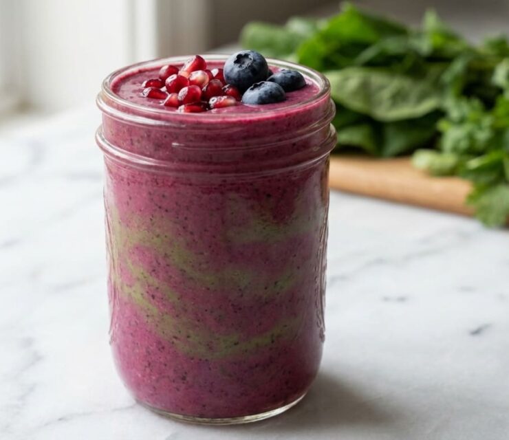 Photorealistic smoothie photography of a deep magenta-purple smoothie with subtle green undertones in a clear glass jar on a light stone or marble counter. Smooth, naturally blended texture, slightly thick and fresh-pressed appearance. Garnished with a few pomegranate seeds and blueberries on top; leafy greens softly blurred in the background