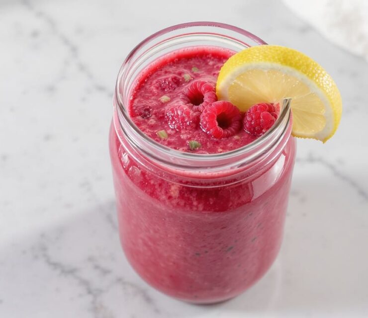 Photorealistic smoothie photography of a vibrant raspberry-red smoothie in a clear glass jar on a light stone or marble counter. Smooth, naturally blended texture with a fresh, slightly pulpy look. Garnished with a few fresh raspberries and a thin lemon slice; subtle hints of spinach and celery kept visually minimal.