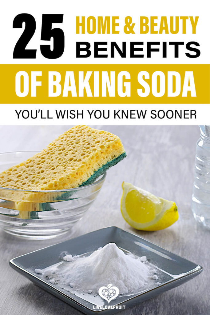 baking soda cleaning supplies on table with text - 25 home and beauty benefits of baking soda you'll wish you knew sooner