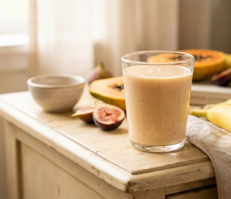 Photorealistic smoothie photography of a soft creamy peach-beige smoothie in a clear glass, placed on a light wooden surface or neutral bedside table. Smooth, naturally blended texture with a calm, warm tone from banana, fig, and papaya. Fresh fruit arranged naturally around the glass and softly in the background: ripe bananas, sliced figs, papaya, subtly out of focus.