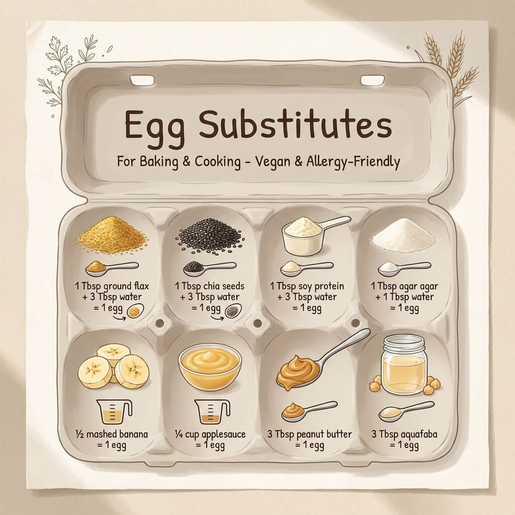 A neutral-toned egg carton at the top labeled ‘Egg Substitutes,’ with evenly spaced compartments displaying ground flaxseed, chia seeds, soy protein powder, agar agar, ripe banana slices, applesauce, peanut butter, and aquafaba (chickpea liquid shown in a small glass jar). Each ingredient visually paired with simple measurement icons