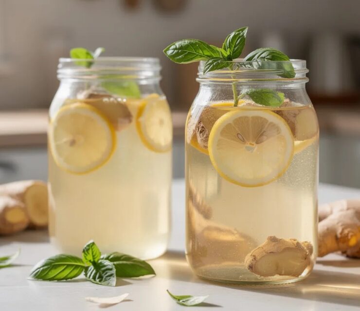 Photorealistic homemade ginger ale photography featuring two clear glass jars filled with pale golden ginger lemon drink, placed on a bright kitchen counter. Drink appears lightly infused (not fizzy), naturally translucent with fresh ginger steeped inside. Thin lemon slices floating in the jars, fresh basil leaves tucked inside and scattered around, with whole ginger root and halved lemons arranged naturally in the foreground and background.