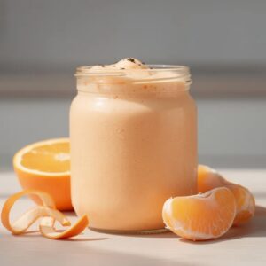 Photorealistic smoothie photography of a creamy orange creamsicle smoothie in a clear glass jar on a light wooden surface or neutral kitchen counter. Smooth, thick texture with a soft pastel orange color, naturally creamy from coconut milk, not overly bright or artificial. Light froth on top with subtle vanilla cues, no heavy toppings. Fresh orange halves and orange peels arranged naturally around the glass and softly blurred in the background