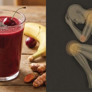 Split-image editorial wellness concept, identical composition and mood to classic anti-inflammatory stock imagery. Left side: ultra-realistic food photography of a thick pink-red cherry smoothie in a clear glass, creamy texture, smooth surface, placed on a dark wooden table. Garnished with a mint sprig and a few dark cherries nearby. Rich, natural berry tone, soft studio lighting, shallow depth of field. Right side: stylized anatomical illustration of a curled human body in a fetal position, viewed from above, muted earthy tones.