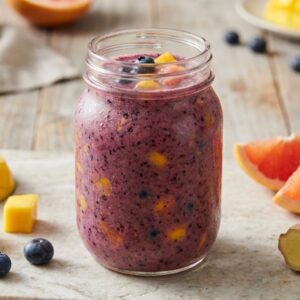 Photorealistic smoothie photography of a vibrant purple-orange smoothie in a clear glass jar on a light stone or neutral wooden surface. Smooth, naturally blended texture with a rich berry tone from blueberries, softened by mango and grapefruit juice. Fresh ingredients arranged naturally around the glass and softly in the background: whole blueberries, mango chunks, sliced grapefruit, and fresh ginger root.