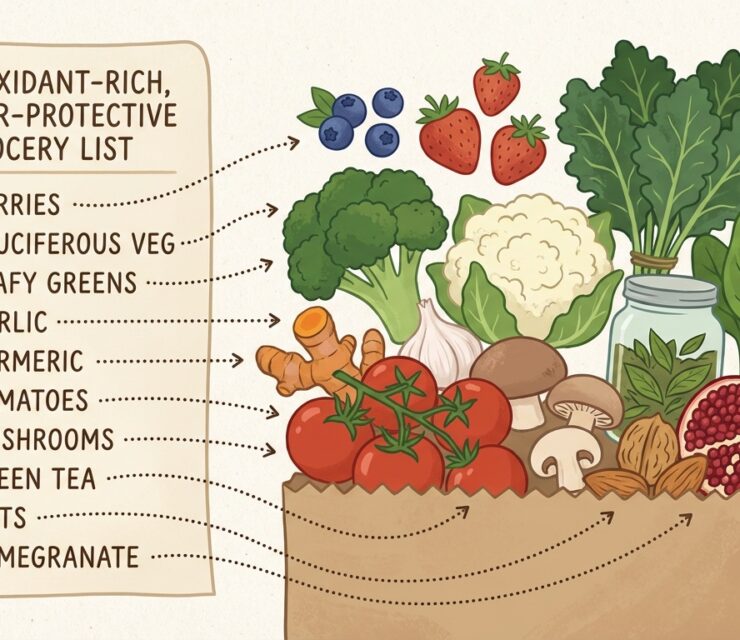 Stylized illustrated grocery list infographic featuring 10 antioxidant-rich, cancer-protective foods. Hand-drawn but realistic illustration style, grocery basket or paper bag filled with colorful whole foods: berries, cruciferous vegetables, leafy greens, garlic, turmeric, tomatoes, mushrooms, green tea, nuts, and pomegranate.