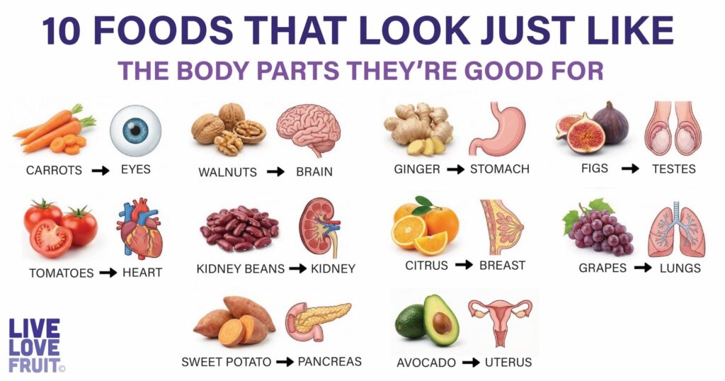 Grid-style layout with paired images: whole foods on the left and corresponding human organ illustrations on the right. Include carrots paired with an eye, walnuts paired with a brain, ginger paired with a stomach, figs paired with testes, tomatoes paired with a heart, kidney beans paired with kidneys, citrus paired with breast tissue, grapes paired with lungs, sweet potatoes paired with pancreas, and avocados paired with uterus.