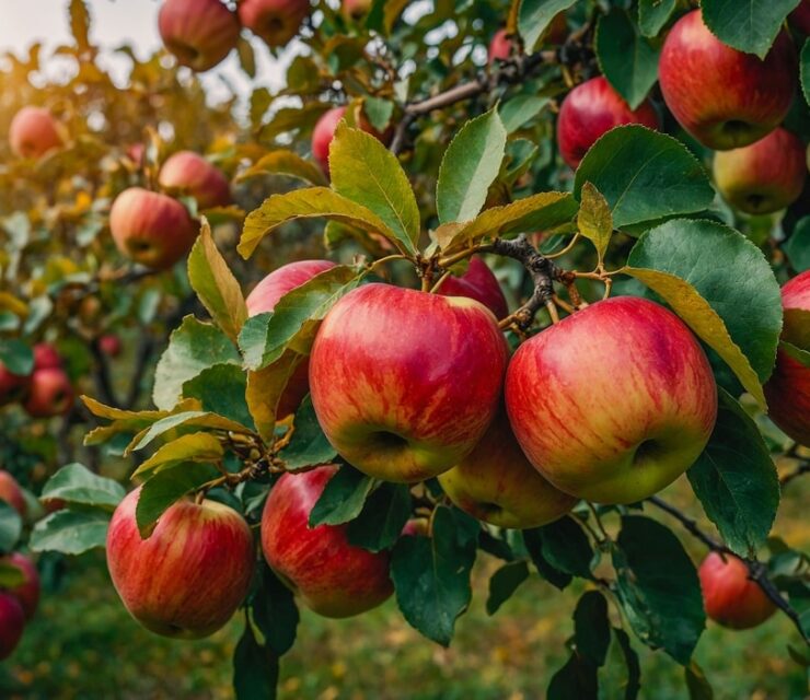 Ripe Red Apples Hanging On Branches In Sunny Orchard View