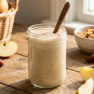 Photorealistic smoothie photography of a creamy light beige “apple pie” smoothie in a clear glass jar on a warm wooden surface. Smooth, naturally thick texture with a soft off-white tone, subtle cinnamon-speckled appearance. Fresh apples, dates, and cinnamon sticks arranged naturally around the glass and softly in the background, slightly out of focus.