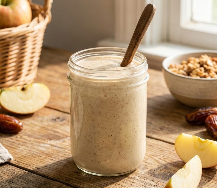 Photorealistic smoothie photography of a creamy light beige “apple pie” smoothie in a clear glass jar on a warm wooden surface. Smooth, naturally thick texture with a soft off-white tone, subtle cinnamon-speckled appearance. Fresh apples, dates, and cinnamon sticks arranged naturally around the glass and softly in the background, slightly out of focus.