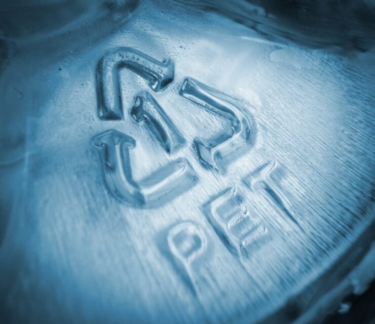 Close-up of plastic recycling symbol number 1 PET