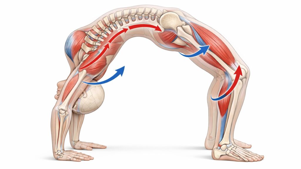 Anatomical illustration of a single human figure performing a backbend (bridge pose), side view, semi-transparent body showing skeleton and anatomically accurate muscle groups.