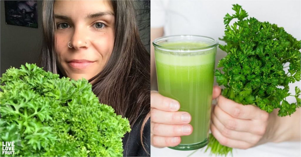 girl with bunch of parsley next to image of person holding freshly juiced parsley in a cup