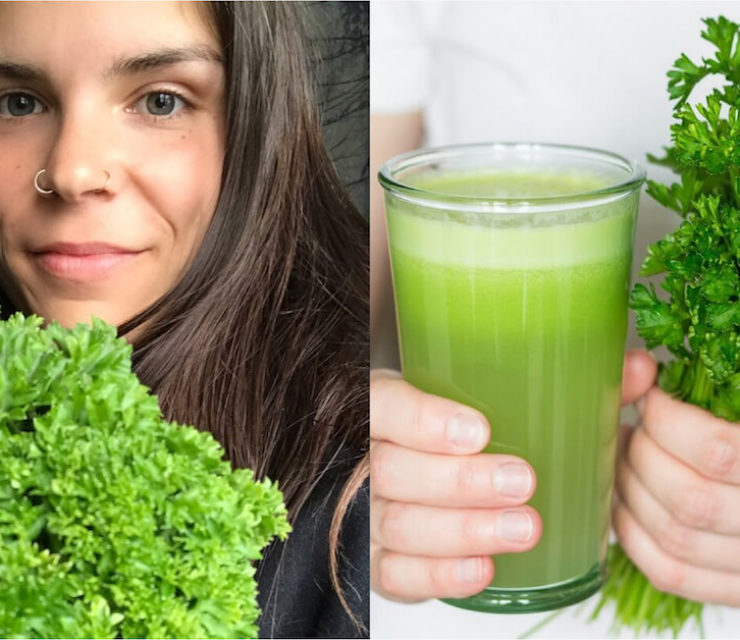 girl with bunch of parsley next to image of person holding freshly juiced parsley in a cup
