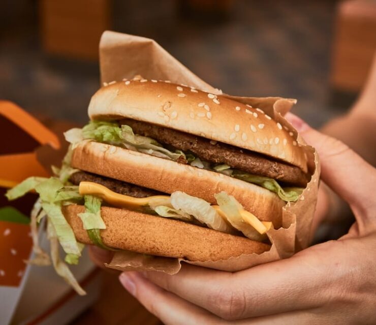 Burger in hand. Big tasty burger in the girl's hand. Big Mac.