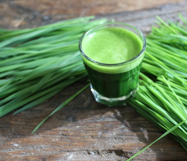 Fresh, organic wheat grass juice with cut wheatgrass on wooden background