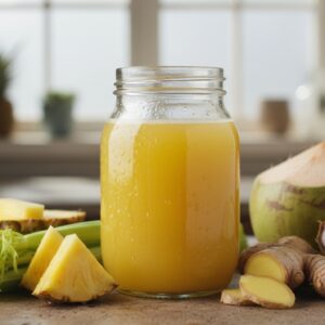 Fresh pineapple juice in a glass jar with pineapple chunks, celery stalks, ginger root, and young coconut on a kitchen surface.