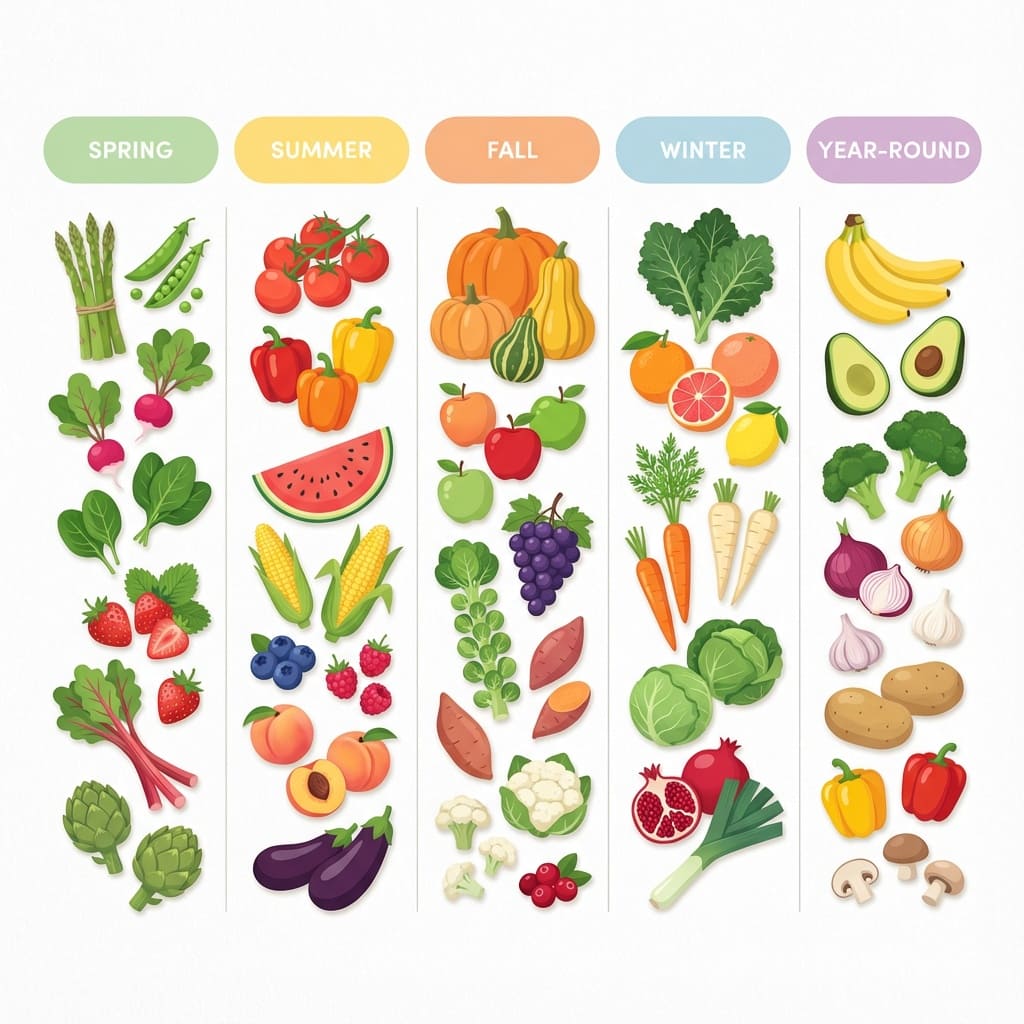 Clean educational infographic layout for a fruit and vegetable seasonal guide. Five vertical columns labeled by season: Spring, Summer, Fall, Winter, and Year-Round. Each column visually represented by illustrated fruits and vegetables commonly associated with that season, arranged in neat lists or clusters.