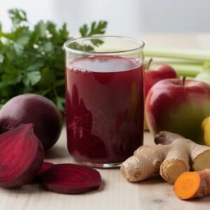 A bright, high-resolution photorealistic image of fresh deep red beet juice in a clear glass, placed on a light natural wooden surface. Surrounding the glass are whole, clearly identifiable ingredients: peeled beet roots, a bunch of fresh parsley, whole apples, celery stalks, a peeled lemon, fresh ginger root, and fresh turmeric root.