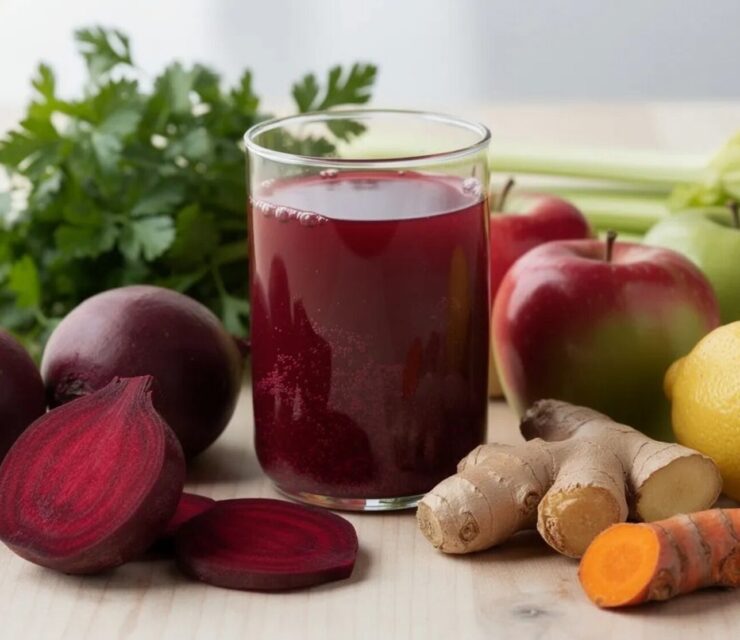 A bright, high-resolution photorealistic image of fresh deep red beet juice in a clear glass, placed on a light natural wooden surface. Surrounding the glass are whole, clearly identifiable ingredients: peeled beet roots, a bunch of fresh parsley, whole apples, celery stalks, a peeled lemon, fresh ginger root, and fresh turmeric root.