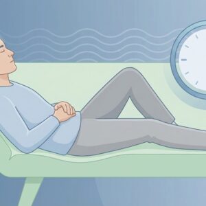 Clean medical-style illustration explaining power naps and brain performance. Human figure resting in a short nap position (reclined chair or couch), eyes closed, neutral clothing, calm posture. Semi-transparent head showing brain anatomy with subtle highlighted areas associated with alertness and memory. Soft clock or time indicator in background (abstract, no numbers emphasized), suggesting short nap duration.
