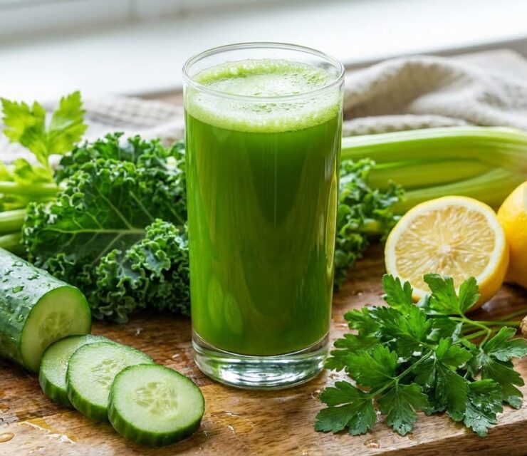 Fresh green juice in a clear glass, vibrant bright green color with smooth surface and slight froth, surrounded by whole fresh ingredients: crisp cucumber (whole and sliced), celery stalks with leaves, curly kale, fresh parsley bunch, lemon halves, and ginger root.