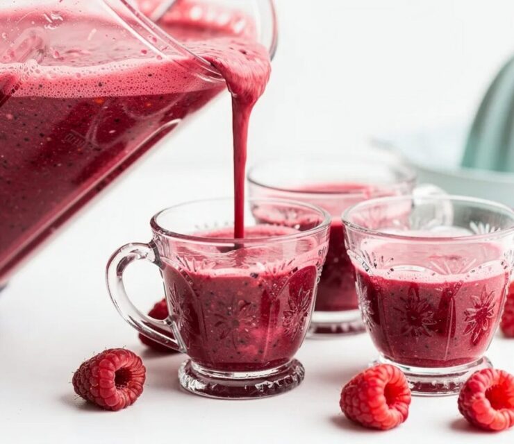 Vibrant raspberry smoothie being poured from a blender into small vintage glass cups, thick rich deep red color with visible texture and light foam, fresh raspberries scattered nearby