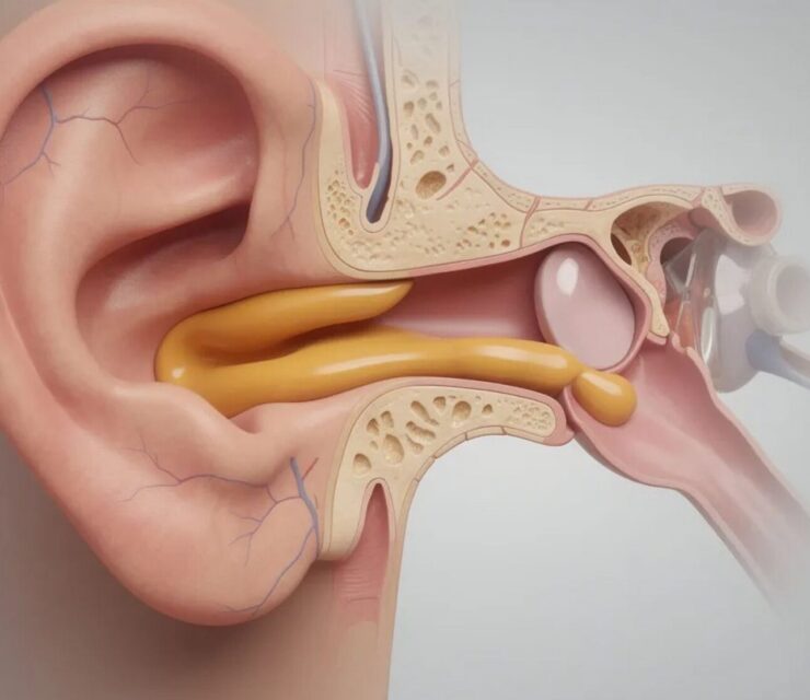 High-detail 3D medical illustration of the human ear canal showing ear wax buildup. Cross-sectional view of the outer and inner ear canal with anatomically accurate structure. Ear wax (cerumen) visible as a yellow-orange buildup partially blocking the ear canal, smooth texture, non-graphic.
