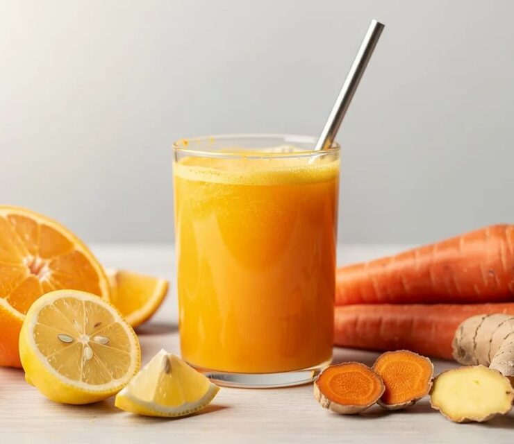 Bright turmeric orange lemonade in a clear glass, vibrant golden-orange color with light froth on top, metal straw in glass, surrounded by fresh whole ingredients: sliced orange, halved lemon, whole carrots, fresh turmeric root and ginger root with visible texture