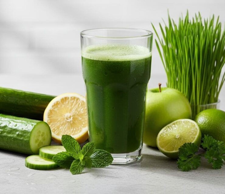 Fresh green juice still life featuring a vibrant soothing cucumber wheatgrass juice in a clear glass, rich deep green color with slight froth, surrounded by whole ingredients: crisp cucumbers, bright green apple, peeled lemon and lime, fresh wheatgrass blades, mint leaves, and parsley.