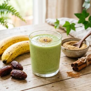 Creamy green flax smoothie in a clear glass, smooth vibrant light green color with subtle creaminess, topped with a light sprinkle of ground flaxseed. Surrounded by fresh ingredients: leafy greens (kale and spinach), ripe bananas, medjool dates, small bowl of ground flaxseed, cinnamon stick or powder, and a glass of coconut water.