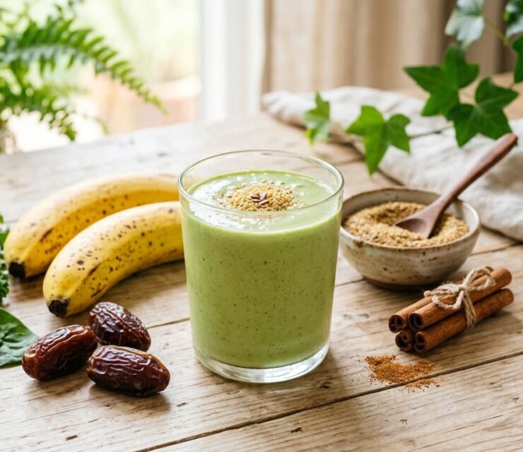 Creamy green flax smoothie in a clear glass, smooth vibrant light green color with subtle creaminess, topped with a light sprinkle of ground flaxseed. Surrounded by fresh ingredients: leafy greens (kale and spinach), ripe bananas, medjool dates, small bowl of ground flaxseed, cinnamon stick or powder, and a glass of coconut water.