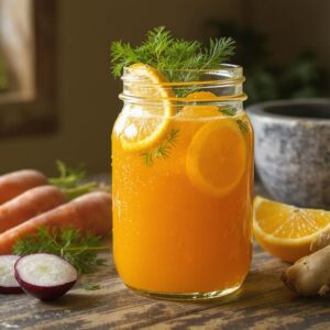 Ultra-realistic editorial food photo of fresh golden-orange juice in clear glass jar with condensation Real ingredients visible and accurate: whole carrots, peeled oranges and lemon, fresh dill bunch, sliced daikon radish and black radish showing white interior and dark skin, cut fresh ginger root Juice color natural golden-orange, slightly opaque, consistent with carrot and citrus juice