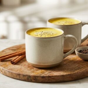Turmeric golden milk latte in two ceramic mugs on a round wooden board, rich golden-yellow color with light froth and visible black pepper specks on top. One mug in sharp focus in the foreground, second mug slightly blurred behind for depth. A few cinnamon sticks and a small bowl of black peppercorns placed neatly beside the mugs.