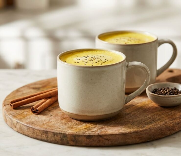 Turmeric golden milk latte in two ceramic mugs on a round wooden board, rich golden-yellow color with light froth and visible black pepper specks on top. One mug in sharp focus in the foreground, second mug slightly blurred behind for depth. A few cinnamon sticks and a small bowl of black peppercorns placed neatly beside the mugs.