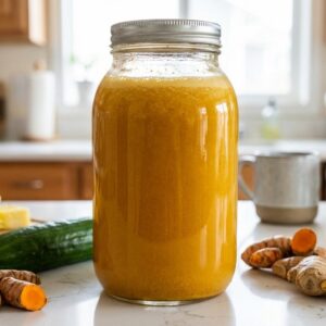 A photorealistic image of homemade pineapple turmeric ginger juice in a large clear glass jar with a lid, placed on a white kitchen counter. The juice has a natural deep orange (like turmeric mixed with some yellow) color with slight separation and a pulpy, unstrained texture, showing a realistic homemade appearance. Surrounding the jar on the counter are whole fresh ingredients: pineapple chunks, a whole cucumber, fresh turmeric root, fresh ginger root, and a peeled lemon.