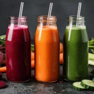Three fresh vegetable juices in clear glass bottles with straws, arranged side by side: one deep beet red juice, one vibrant carrot orange juice, and one bright green juice. Thick, slightly pulpy texture visible with light froth on top. Surrounded by whole fresh ingredients: beets, carrots, cucumber slices, celery, leafy greens, and cauliflower