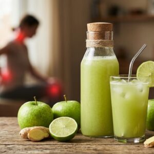 Fresh apple lime ginger juice in a clear glass bottle and glass, pale green color, with green apples, lime halves, and fresh ginger on a wooden surface. In the softly blurred background, a subtle human silhouette with faint red glow at joints (neck, back, knees) to represent inflammation.