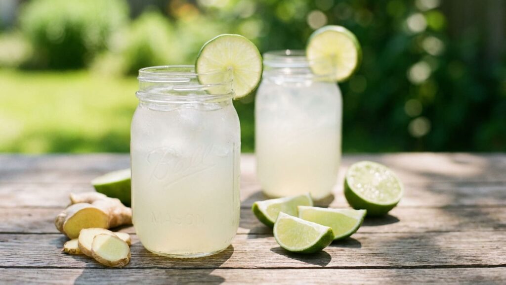 Fresh ginger limeade in two clear mason jar glasses filled with ice, pale cloudy light green color with natural citrus haze. Lime slices on the rim of each glass, visible condensation on the jars. Placed on a wooden table outdoors, surrounded by fresh lime wedges and sliced ginger root.