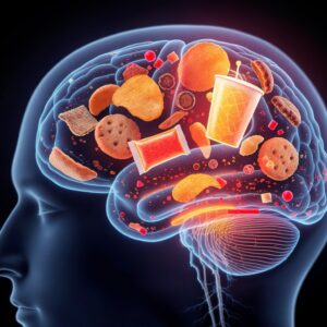 Conceptual medical illustration showing how ultra-processed junk food affects the brain. Semi-transparent human head with visible brain anatomy, dark background. Inside the brain: generic, unbranded junk food items (chips, cookies, candy, soda cups) floating or embedded within brain regions associated with reward and dopamine signaling. Brain areas glow in bright orange and red tones to suggest overstimulation and addiction pathways, while surrounding brain tissue remains cool blue.
