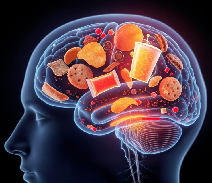 Conceptual medical illustration showing how ultra-processed junk food affects the brain. Semi-transparent human head with visible brain anatomy, dark background. Inside the brain: generic, unbranded junk food items (chips, cookies, candy, soda cups) floating or embedded within brain regions associated with reward and dopamine signaling. Brain areas glow in bright orange and red tones to suggest overstimulation and addiction pathways, while surrounding brain tissue remains cool blue.