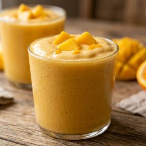 Creamy mango creamsicle smoothie in a clear glass, rich smooth texture with vibrant mango-orange color and subtle vanilla bean specks. Extreme close-up on the front glass in sharp focus, thick and frothy surface with a few mango chunks on top.