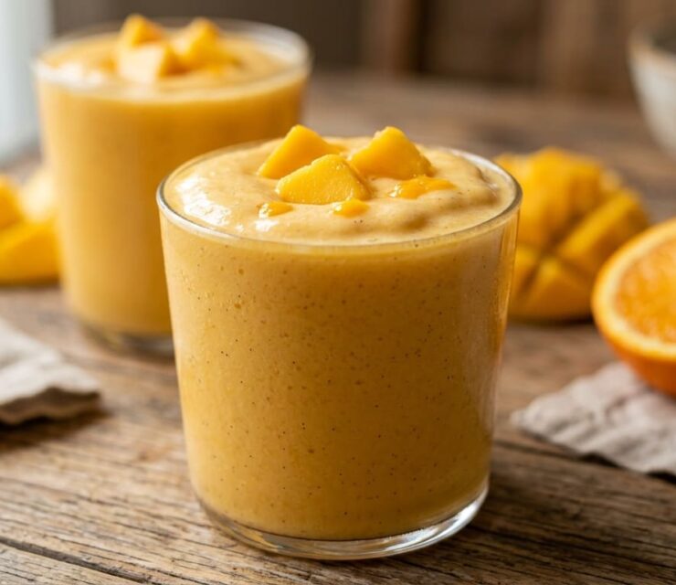 Creamy mango creamsicle smoothie in a clear glass, rich smooth texture with vibrant mango-orange color and subtle vanilla bean specks. Extreme close-up on the front glass in sharp focus, thick and frothy surface with a few mango chunks on top.