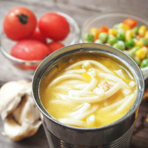 Chicken noodle soup in can with ingredient
