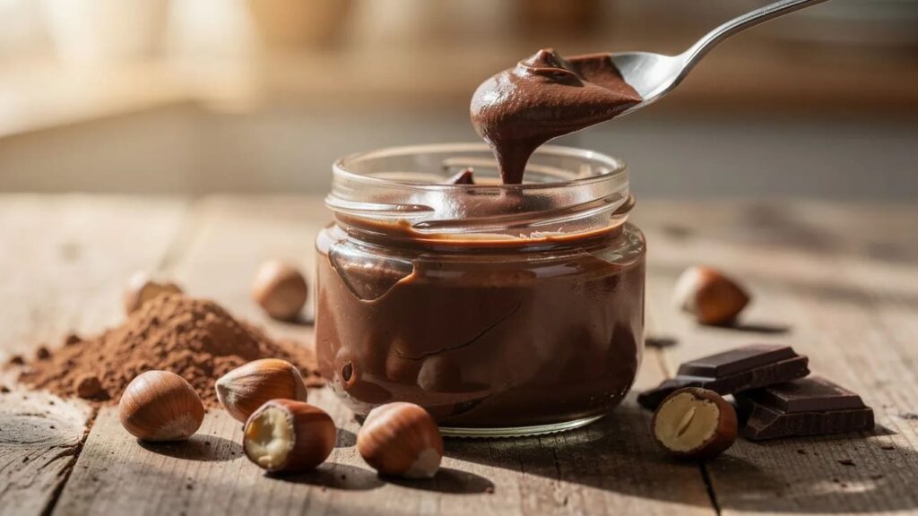 Homemade chocolate hazelnut spread in a small glass jar, thick and glossy texture with visible swirls on the surface. A spoon dipping into the spread, showing smooth, creamy consistency. Surrounding ingredients include whole hazelnuts, cocoa powder, and a few dark chocolate pieces arranged naturally on a wooden surface.